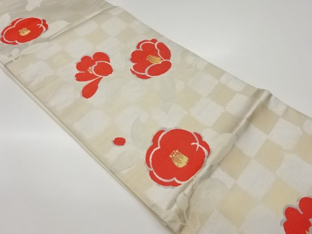 椿に市松模様織出し袋帯